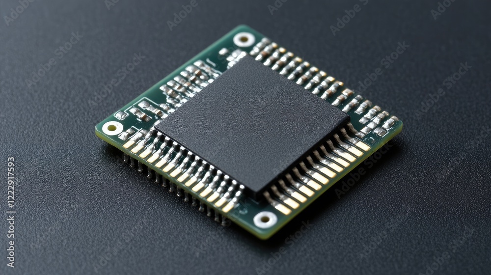 Poster close up view of a microchip on a dark background with ample copy space for technology related text 