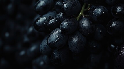 Close up of fresh ripe black grapes with droplets highlighting their texture perfect for wine production or healthy snacking options