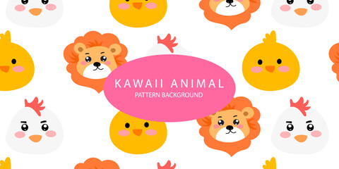 kawaii animal pattern background design. bear, deer, fox, bird, dog, hippo, parrot, pig, cow. textile pattern.  Cartoon animal Vector illustration for kids forest background with rain dots
