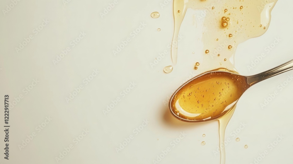 Aufkleber close up of flowing golden honey on a spoon with honeycomb on a white background perfect for culinar