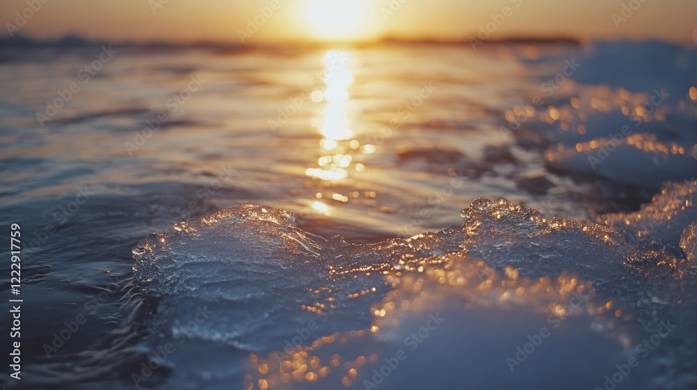 Poster icy ocean close up at sunset with drifting ice and shimmering water reflections providing ample spac