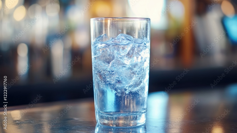 Poster Refreshing ice cold beverage in a clear glass on a bar counter with blurred background and ample empty space for promotional text