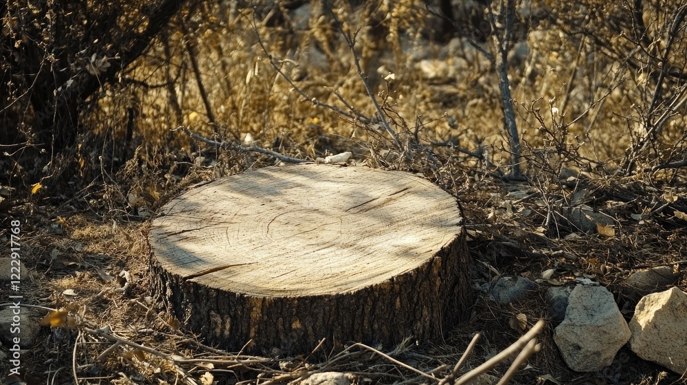 Poster Close up of a tree stump in a forest setting surrounded by dry twigs with ample space for adding custom text or graphics