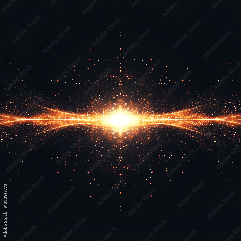 Poster Glowing particles creating a wave of light radiating in the center with dark background