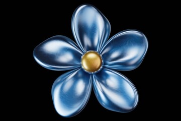 A stylized blue flower with a golden center, rendered in 3D with a metallic sheen.