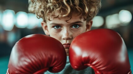 A determined young boy clad in red boxing gloves stares intently into the camera, showcasing readiness and intense focus before entering the ring.