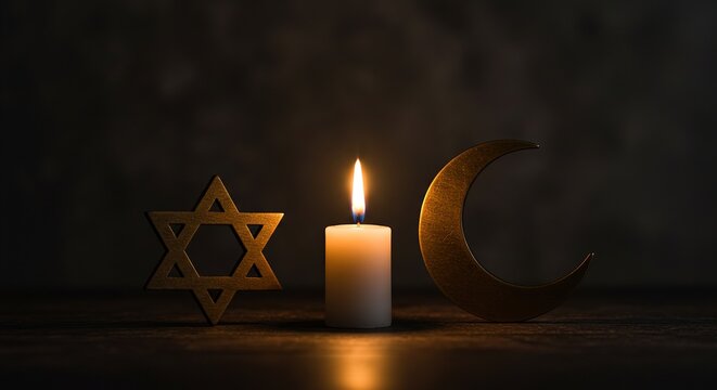 Religious Tolerance: Candlelight with Star of David and Crescent,  A dimly lit setting featuring a candle flanked by the Star of David and a crescent moon, representing Judaism and Islam.
