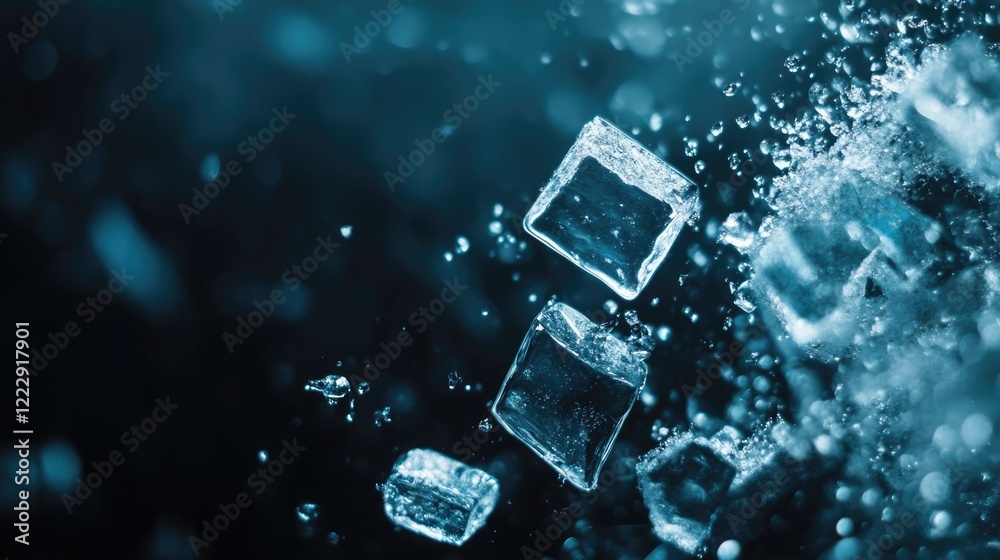 Aufkleber Close Up of Ice Cubes with Bubbles on Dark Background for Beverage Advertising and Empty Space for Custom Text or Branding