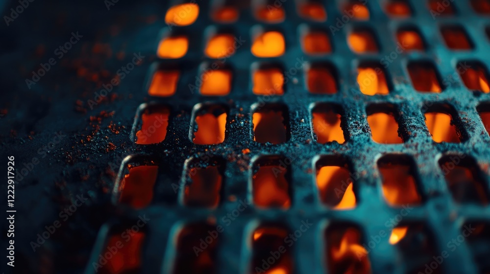 Poster metal grill close up showcasing glowing flames in the background with ample space for textual overla
