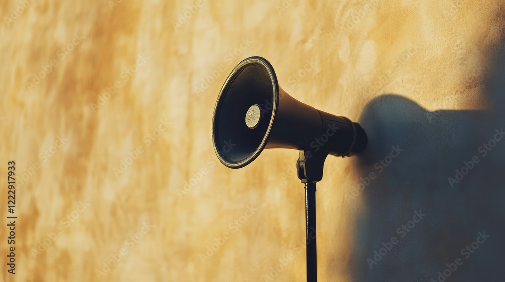 Poster vintage megaphone against a textured wall with shadows and empty space for custom text or advertisem