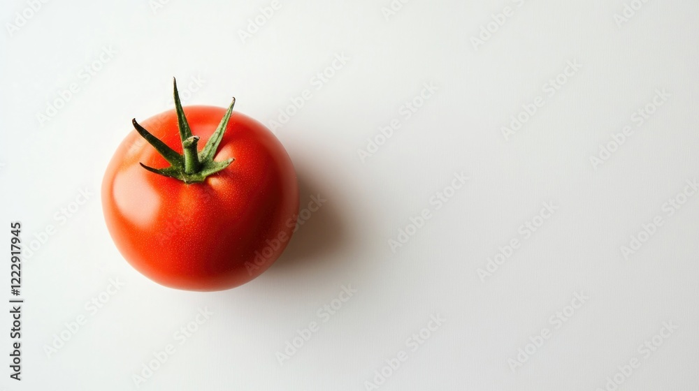 Poster Fresh red tomato on a smooth white background with ample empty space for text or product placement in food-related advertising.