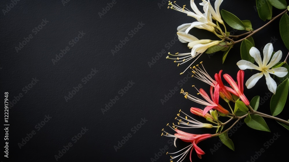 Poster Close Up of Colorful Honeysuckle Blooms on Dark Background with Space for Text or Branding Elements