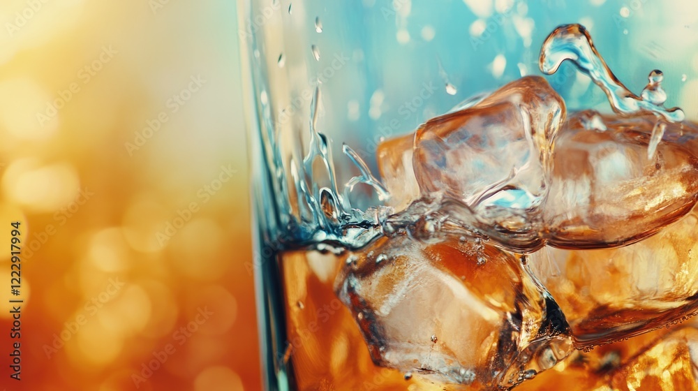 Poster close up of melting ice cubes in a glass with blurred warm background and empty space for beverage o