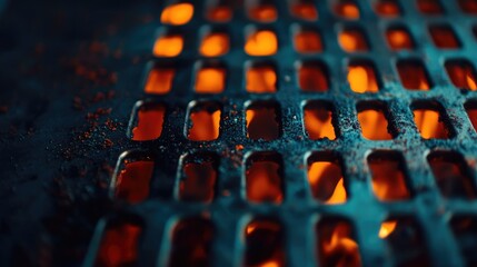 Metal grill close up showcasing glowing flames in the background with ample space for textual overlay and creative designs