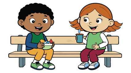 two kids sitting on a bench eating and chatting 