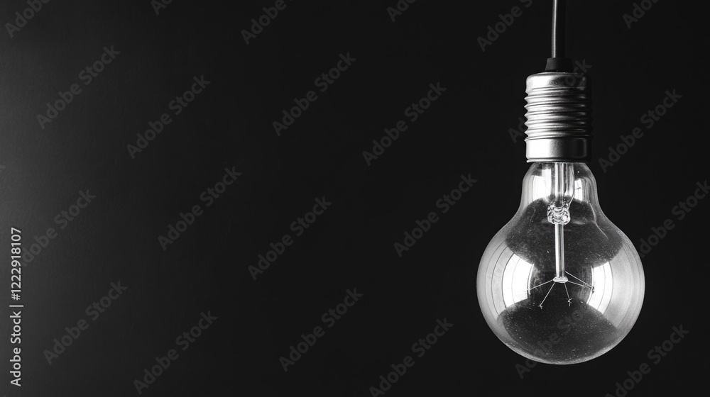 Aufkleber Illuminated lightbulb hanging in dark setting creating a contrast with empty space for text or design elements