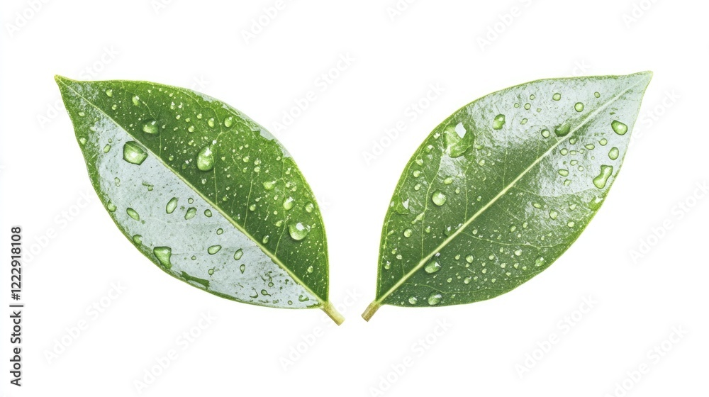 Poster Close up of fresh green leaves with raindrops on a white background featuring ample space for text or design elements