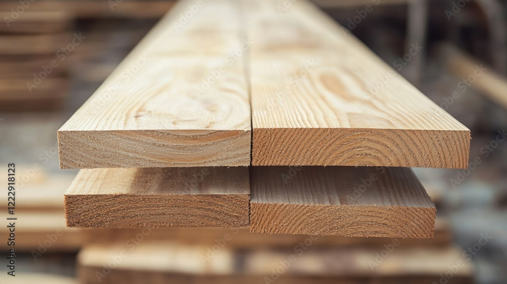 Poster Carpenter's close-up view of freshly cut wooden planks stacked for measurement with empty space ideal for overlaying text or graphics