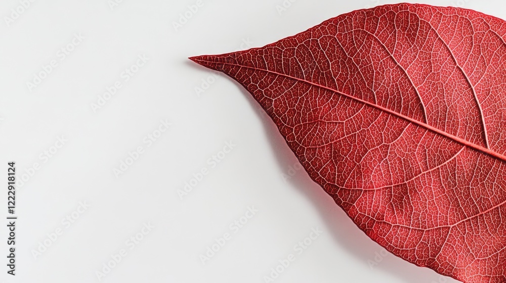 Poster Close up of a vibrant red autumn leaf on a white background with ample copy space for design or text overlay purposes