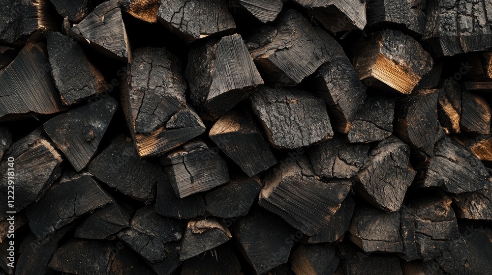 Poster Close up of a large stacked pile of dark firewood with textured bark and empty space for text or design overlay ideas