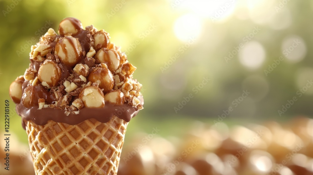 Poster Delicious hazelnut praline chocolate waffle cone topped with crunchy nuts against a sunny background with space for text
