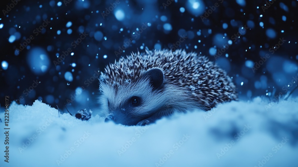 Poster hedgehog in a snowy night scene surrounded by falling snowflakes with ample copy space for text or b