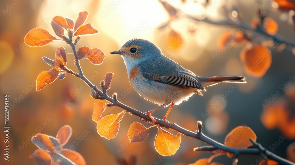 Aufkleber Songbird perched on a tree branch surrounded by autumn leaves in warm hues with soft bokeh background for text overlay