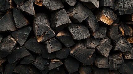 Close up of a large stacked pile of dark firewood with textured bark and empty space for text or design overlay ideas