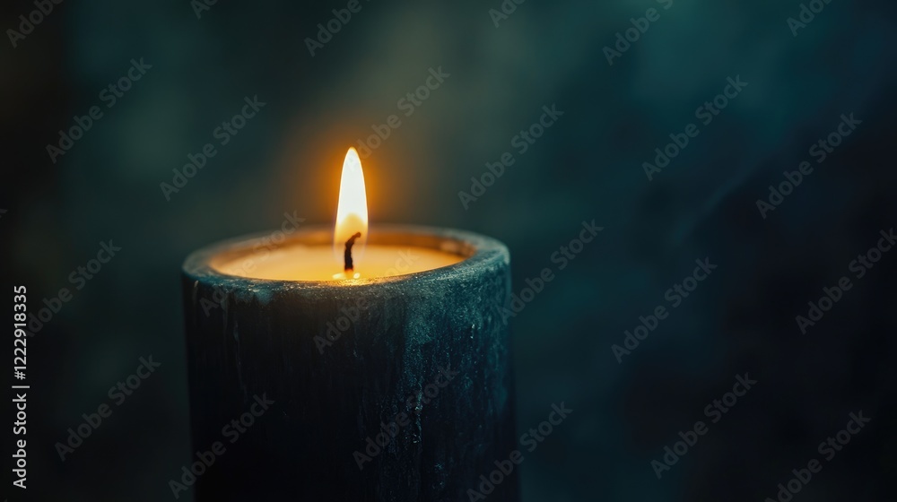 Poster Flickering candle illuminating darkness with soft glow creating tranquil atmosphere and ample empty space for personalized text or messages