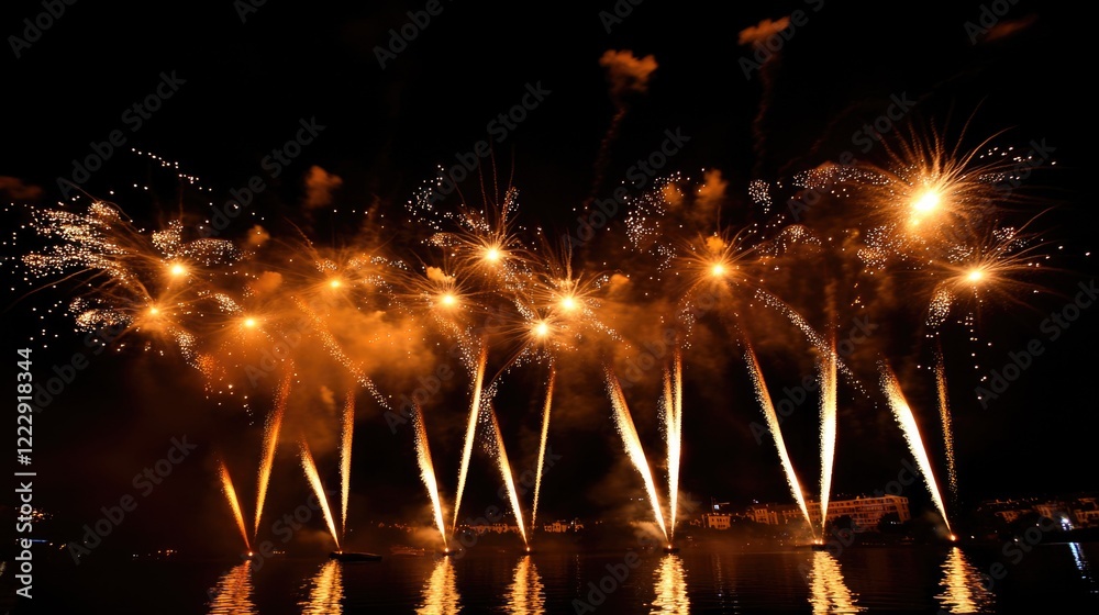 Poster stunning fireworks display illuminating the night sky over water with space for text and celebration