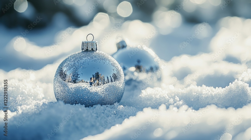 Poster close up of shiny silver holiday ornaments on soft snowy background with space for text or festive m