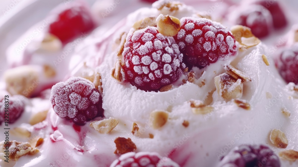 Aufkleber Close Up of Delicious Ice Cream with Fresh Berries and Nuts Surrounded by Empty Space for Text or Branding Use