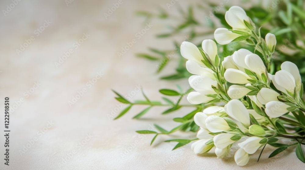 Poster Close up of delicate white flowering vetch with soft blurred background providing ample space for overlay text or design elements
