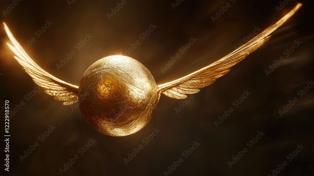 Poster Golden snitch flying in a mystical atmosphere with shimmering wings and ample copy space for promotional or editorial text.