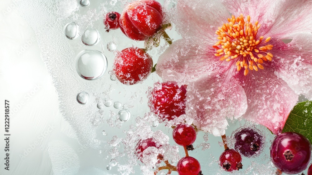 Poster Frozen flower and berries with water droplets showcasing a delicate aesthetic and empty space for text in a refreshing composition