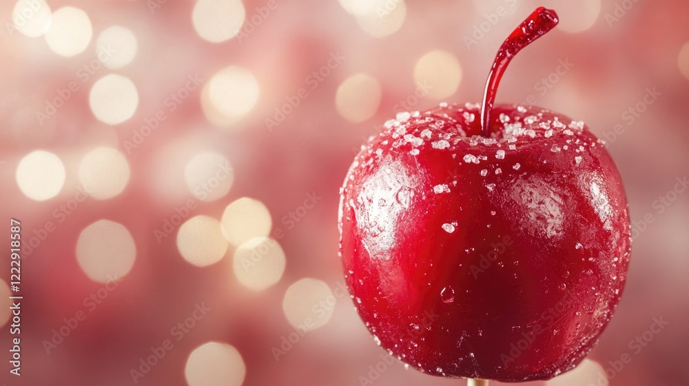 Poster festive red candy apple on blurred background with empty space for text in holiday celebration or se