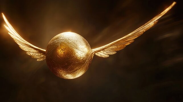 Golden snitch flying in a mystical atmosphere with shimmering wings and ample copy space for promotional or editorial text.