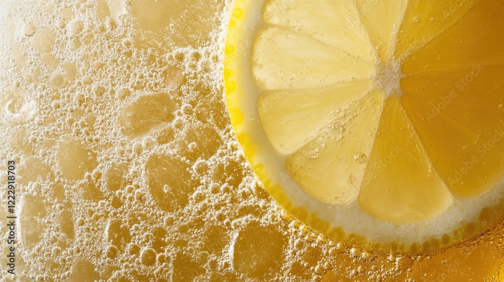 Poster Lemon slice and ice in a refreshing beverage with bubbles and ample space for text in a vertical composition