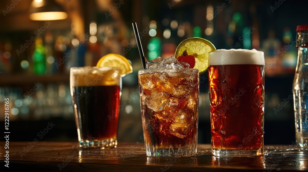 Poster Refreshing beverages on a wooden bar counter with empty space for text in a cozy dining atmosphere featuring ice cold drinks and beer