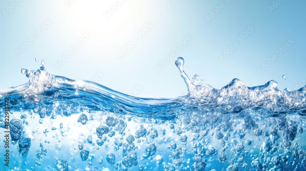 Poster Ice melting in water creating bubbles under sunlight with clear blue backdrop for text placement and serene natural ambiance
