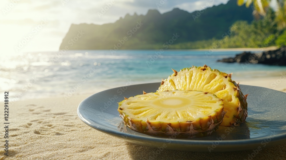 Poster Fresh ripe pineapple slices on a plate at a beach during sunset with a tranquil ocean view and ample space for text and design elements.