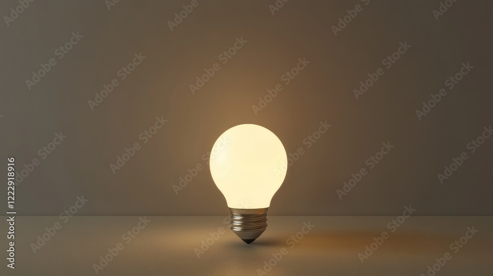 Aufkleber Glowing light bulb on a simple table with neutral backdrop and ample empty space for creative text or design elements
