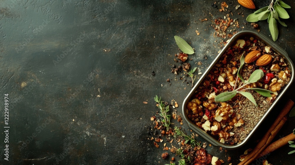Aufkleber Close up of assorted nuts with herbs and spices arranged in a tin on dark background with space for text or promotional content