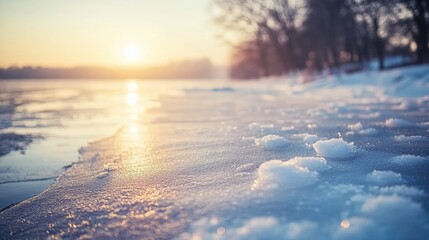 Frozen coastal bay at sunrise with snow and ice features creating tranquil atmosphere and ample space for text overlay