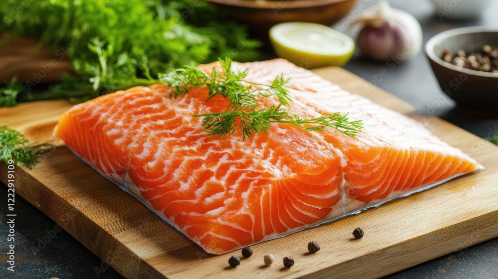 Poster Freshly sliced salmon fillet on a wooden board surrounded by herbs and spices with ample space for text placement and culinary presentation