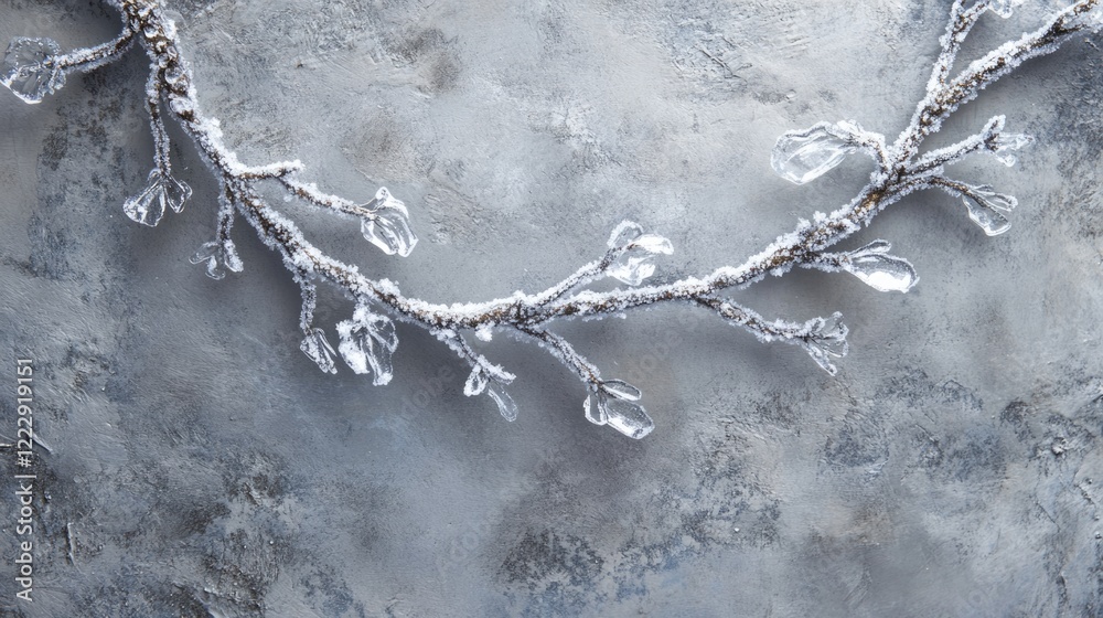 Poster Close up of frosty tree branches adorned with icicles against a textured background offering ample space for design and text customization