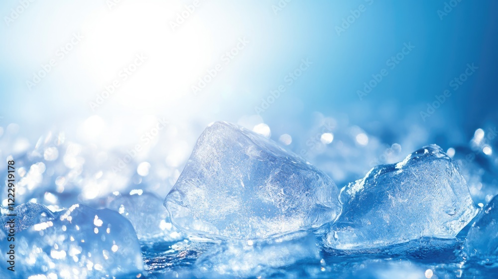 Poster Close up of clear ice cubes on water surface under sunlight with soft blue background and ample space for adding text or graphics