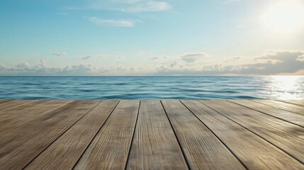 Fototapeta premium Serene polished wooden deck with ocean view and clear sky suitable for text overlay or promotional content.