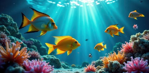 Fototapeta premium Tropical fish school swimming through seaweed, aquarium, tropical