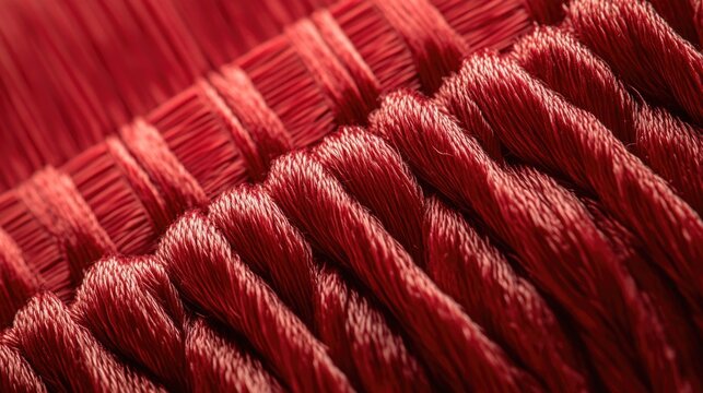 Kumihimo braiding detail in vibrant red showcasing Makioka technique with ample negative space for custom text or branding.